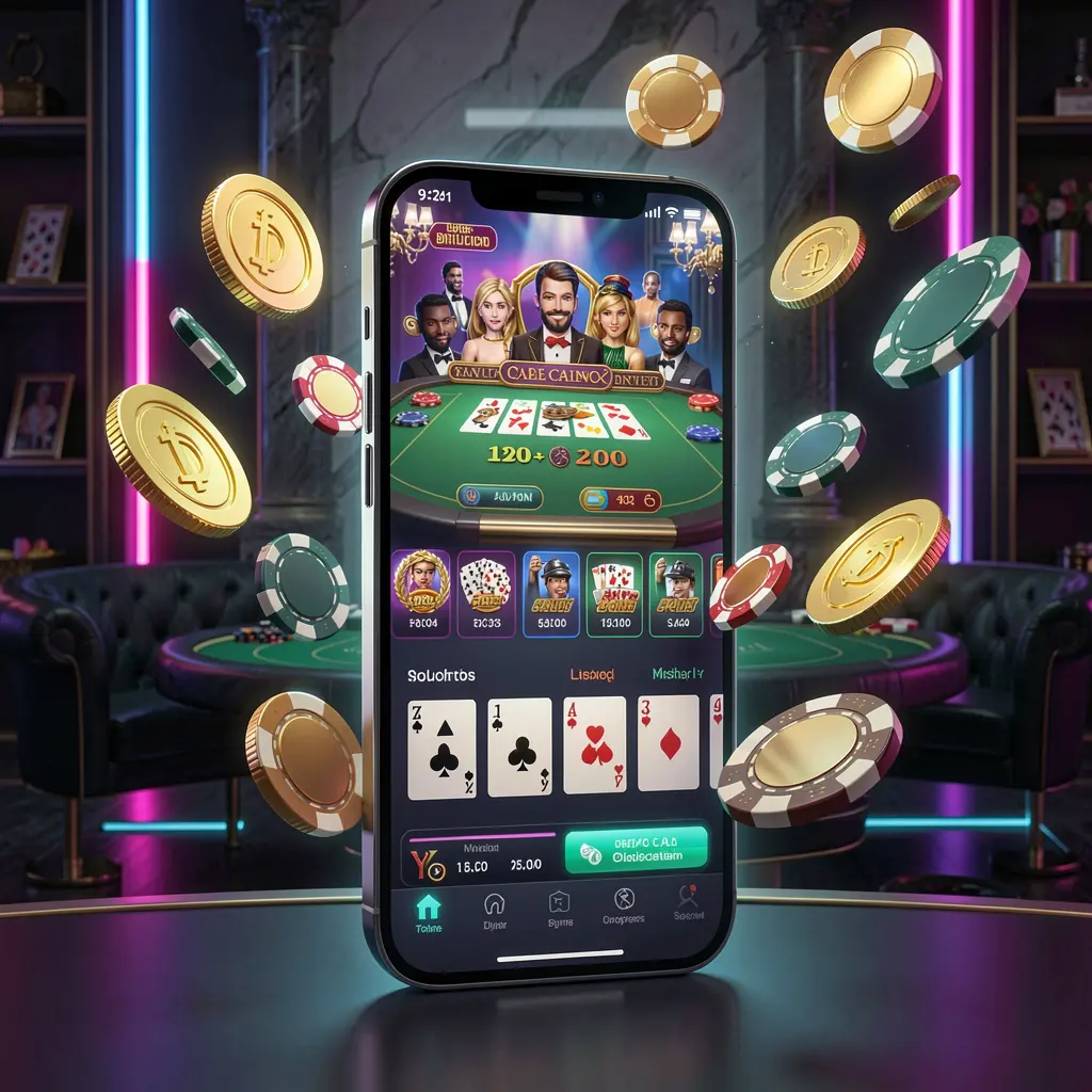 110NEX online casino mobile app hero banner featuring a modern smartphone with glowing casino interface, golden coins and poker chips flying around against a dark luxury background with neon accents