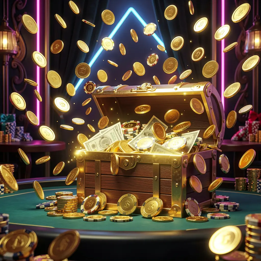 A premium online casino bonus hero banner by 110NEX featuring golden coins flying in the air and a glowing treasure chest filled with chips and cash against a luxury dark background with neon accents, creating a festive and elegant casino atmosphere with high detail and cinematic 3D realistic lighting.
