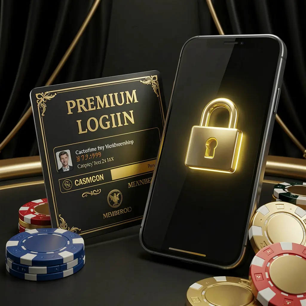 110NEX casino member login concept featuring a premium membership card beside a smartphone with a glowing lock symbol, poker chips and coins on a black and gold luxury background in a realistic 3D illustration
