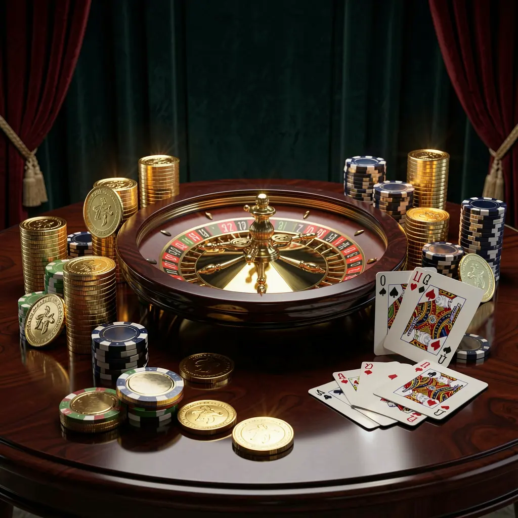 110NEX premium online casino banner featuring golden coins, glowing chips, roulette wheel, and cards on a glossy table with an elegant dark background in a high detail realistic 3D render